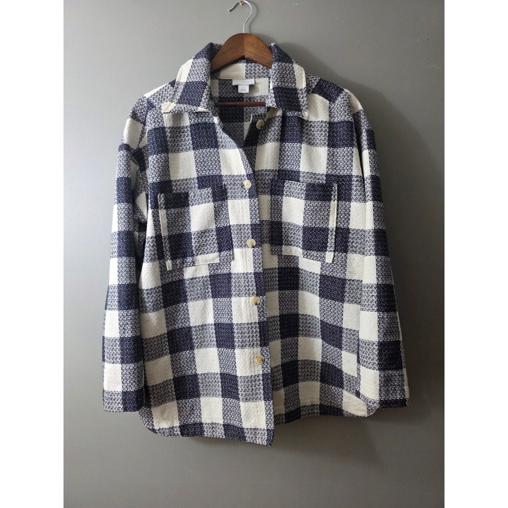 Liz Claiborne Navy Cream Buffalo Check Wool Blend Tweed Shacket Large